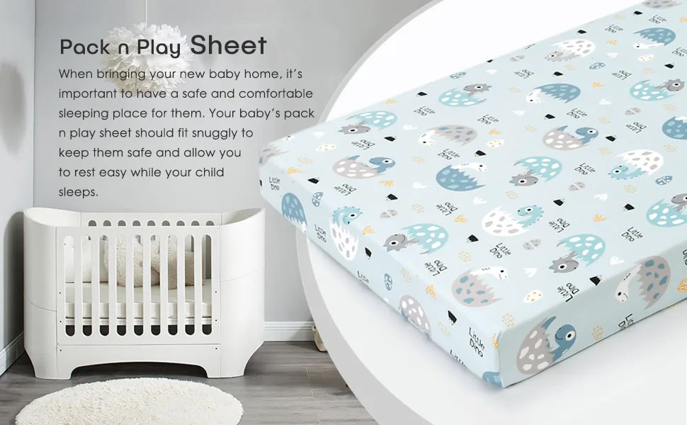 GRSSDER Stretchy Ultra Soft Jersey Knit Fitted Pack n Play Sheets Set 2 Pack, Portable/Mini Cribs Sheets, Happy Dinosaurs for Girls and Boys Blue - pack n play sheet