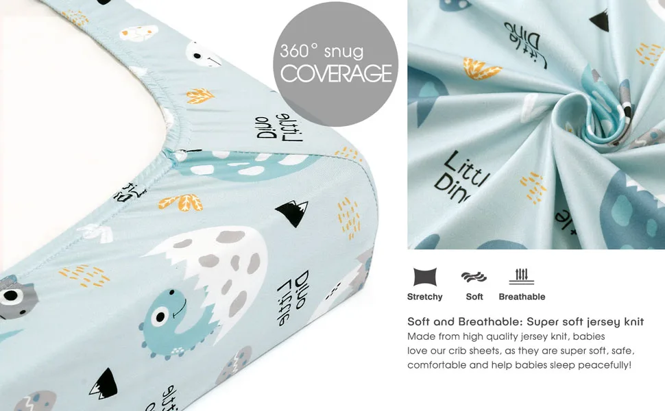 GRSSDER Stretchy Ultra Soft Jersey Knit Fitted Pack n Play Sheets Set 2 Pack, Portable/Mini Cribs Sheets, Happy Dinosaurs for Girls and Boys Blue - playard sheet