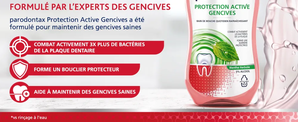 Parodontax Herbal Mouthwash For Sensitive Teeth Removes Plaque Alcohol Free 500ml - Parodontax protection Active Gencives a été formulé pour maintenir des gencives saines.