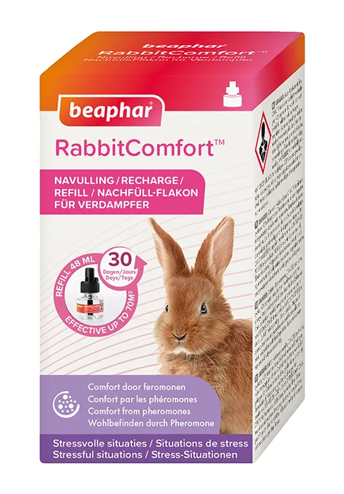 BEAPHAR RABBITCOMFORT - Electric pheromone diffuser for rabbits - Reduces stress and unwanted behavior without dependency or drowsiness - Ready to use - 1 Plug + 1 Refill 48 ML - Recharge Diffuseur RabbitComfort