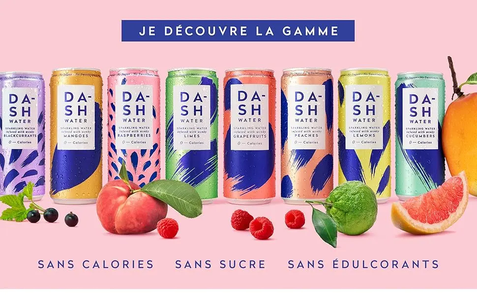 DASH Water Mix Pack - 16x Flavored Sparkling Waters (4X Peach 4X Lime 4X Raspberry 4X Grapefruit) Without Sugar No Sweetener - gamme