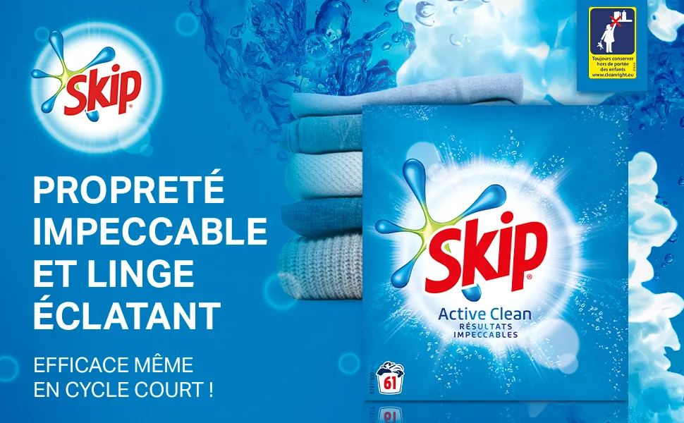 Skip Active Clean Detergent Powder 61 Washes - Skip Lessive poudre Active Clean, Propreté impeccable, linge éclatant, Efficace même en cycle court