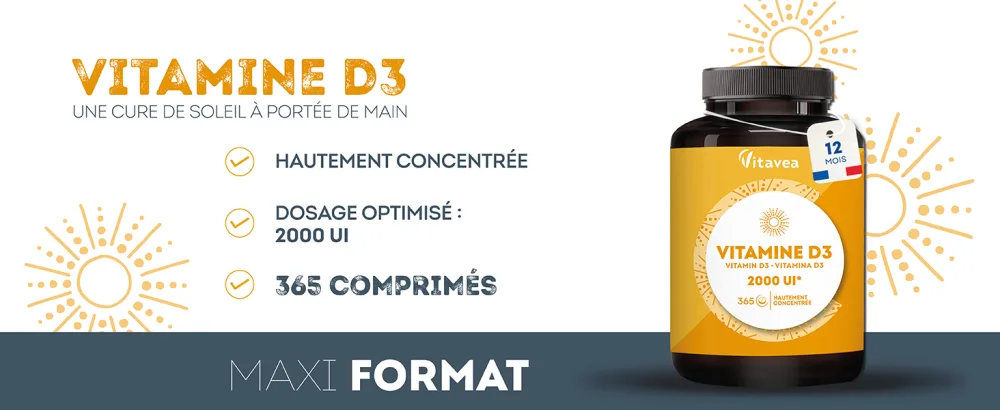 Vitamin D3 | 2000 UI | Natural defenses immunity | High dosage | 1 year | Made in France | Vitavea - vitamine D