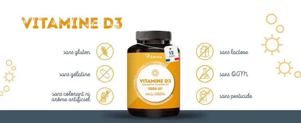 Vitamin D3 | 2000 UI | Natural defenses immunity | High dosage | 1 year | Made in France | Vitavea - vitamine D