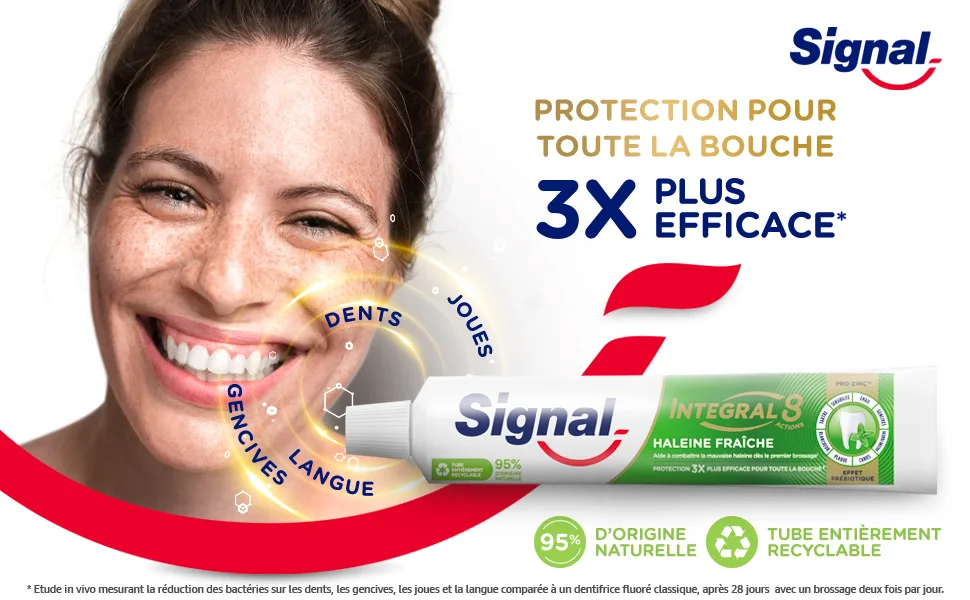 SIGNAL - Integral 8 Nature Fresh Breath Toothpaste Prebiotic Effect - Complete Protection 3x more effective - 95% ingredients of natural origin - 75ml - 3x plus efficace