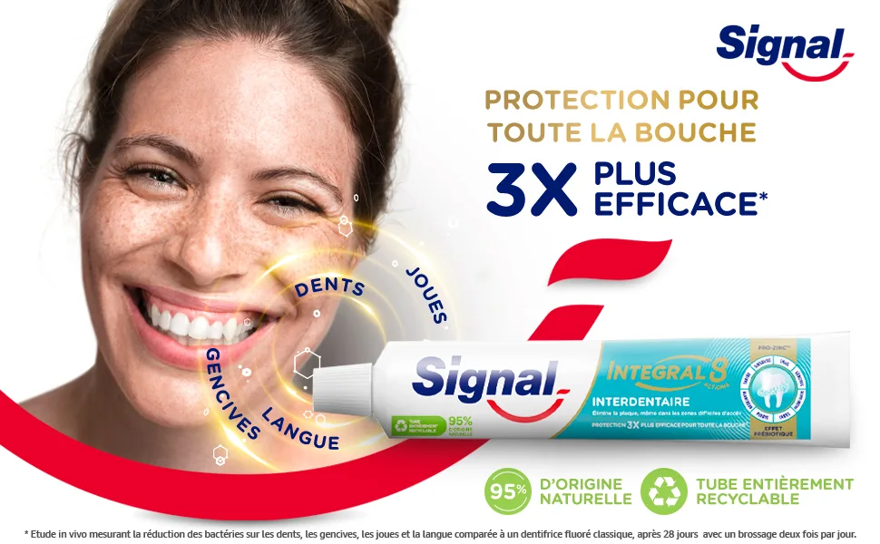SIGNAL - Integral 8 Interdental Toothpaste Prebiotic Effect - Complete Protection 3x more effective - 95% ingredients of natural origin - 75ml - 3x plus efficace