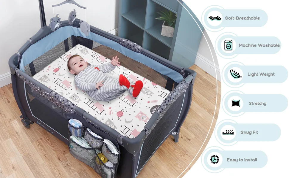 COSMOPLUS Stretch Fitted Pack n Play Playard Sheets 2 Pack for Mini Crib Sheet Set,Pack n Play Mattress Cover, Ultra Stretchy Soft,Whale/Cloud Playard Sheet Whale/Cloud - cosmoplus pack n play playard sheet