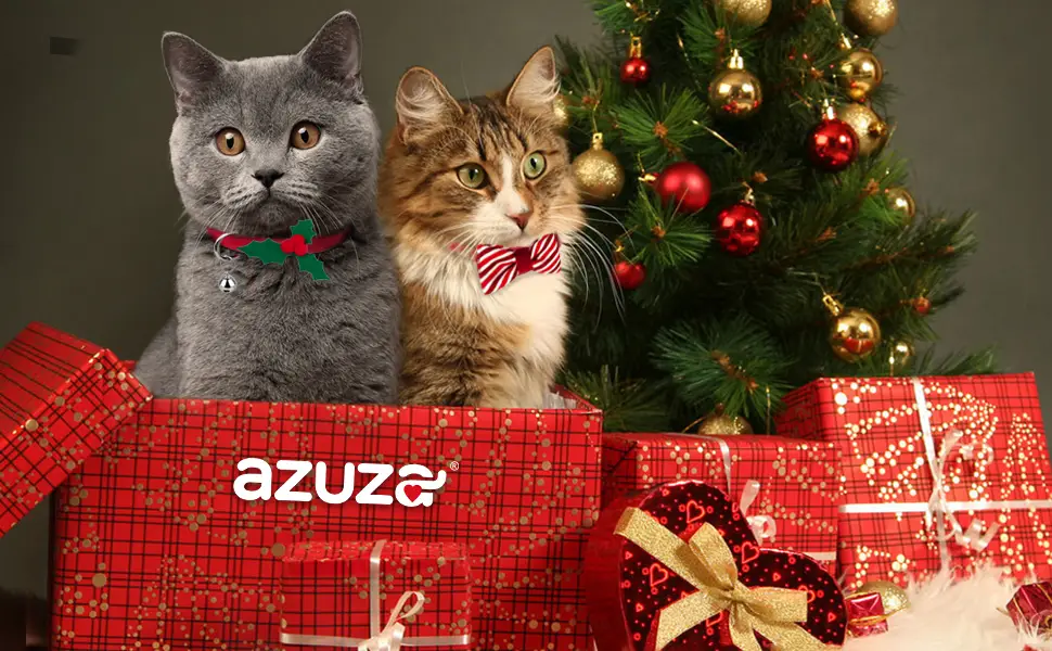 azuza 2 Pack Plaid Pattern Cat Collar Breakaway with Bell and Removable Bowtie Cat Collar Adjustable Cat and Kitten Collars Cat(Neck:8"-12") 1#Holly and Bowtie - Christmas cat collars
