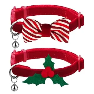 azuza 2 Pack Plaid Pattern Cat Collar Breakaway with Bell and Removable Bowtie Cat Collar Adjustable Cat and Kitten Collars Cat(Neck:8"-12") 1#Holly and Bowtie - Christmas cat collars