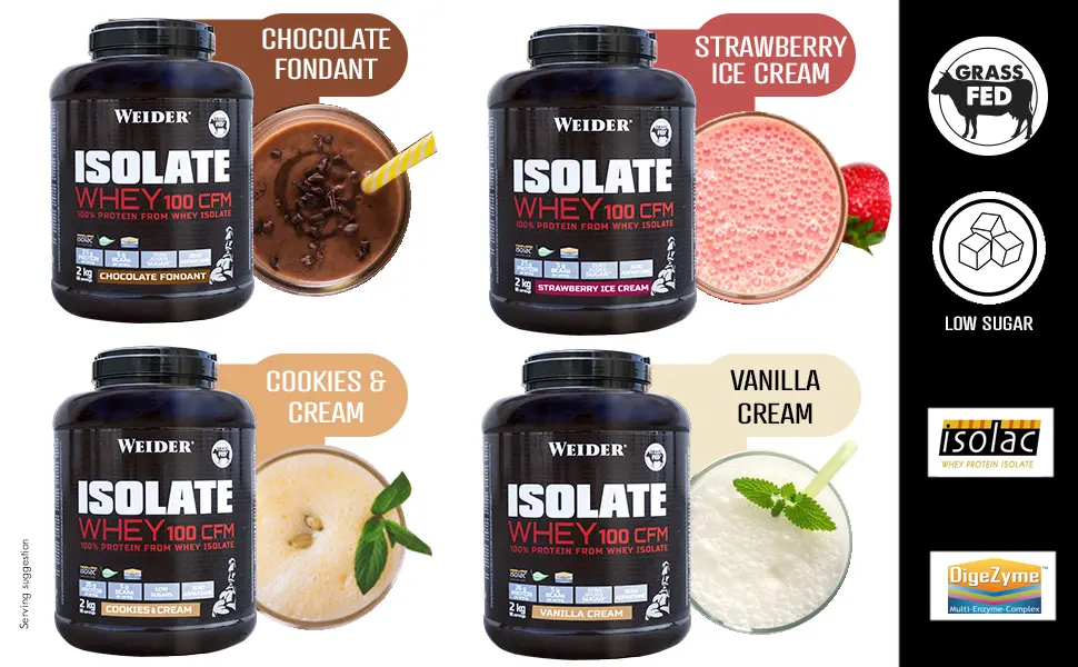 Weider Isolate Whey 100 CFM Ice Strawberry Flavor Protein Blend with Whey Protein Isolate Muscle Gain No Aspartame Low Sugar 908g - Saveur savoureuse, délicieuse, fraise, biscuits, vanille, chocolat