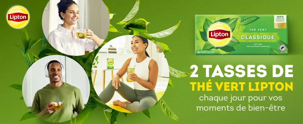 Lipton Green Tea Green Tea from Asia Cold or Hot Infusion Mint Taste Freshness 100% Natural Origin Ingredients 30 sachets - 2 tasses de thé vert Lipton