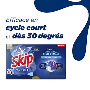 Skip Active Clean Liquid Detergent Capsules 3 in 1-114 washes - impeccable result and long-lasting freshness - without plasti - Skip Lessive Capsules Tout-en-1 Active Clean, efficace en cycle court et dès 30 degrés, lave-linge