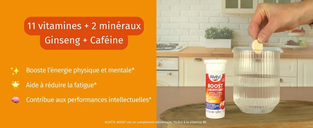 Alvityl Ginseng and Caffeine Effervescent Boost Tablets 10 Vitamins/2 Minerals Ages 15 and Above 20 Days Red 20 Count (Pack of 1) - Slider présentant les avantages du produit Boost  Alvityl