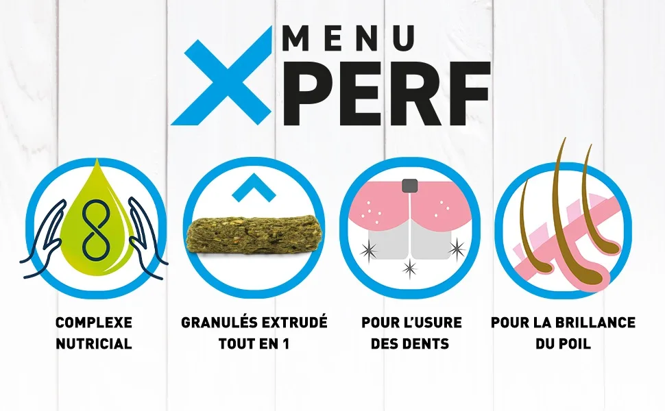 Riga - Menu X'Perf - Dwarf Rabbit Food - Extruded Granules - Flax Seed Fiber and Vegetables - Yucca Extracts - Enriched with - Attributs menu X