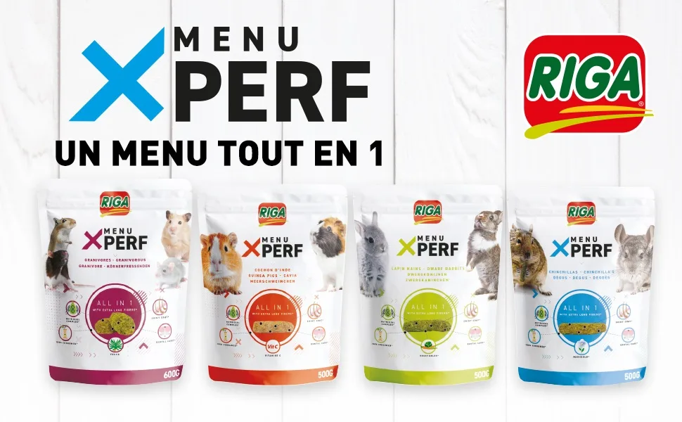Riga - Menu X'Perf - Dwarf Rabbit Food - Extruded Granules - Flax Seed Fiber and Vegetables - Yucca Extracts - Enriched with - Bannière menu x
