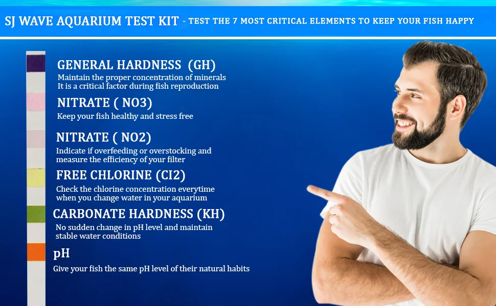 SJ WAVE 7 in 1 Aquarium Test Kit for Freshwater Aquarium | Fast & Accurate Water Quality Testing Strips for Aquariums & Ponds | Monitors pH, Hardness, Nitrate, Temperature and More (100 Tests) - Aquarium test