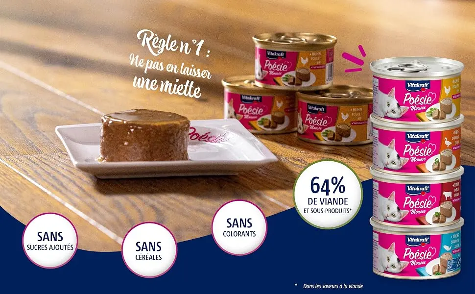 Vitakraft Po sie Mousse - Duck Mousse Texture Adult Cat Meal - Grain-Free or Added Sugar Recipe (12 x 85g) - chat;pâtée;humide;repas;mousse ;plaisir;gourmand;viande;sain;irrésistible;appétence;Poésie;Vitakraft