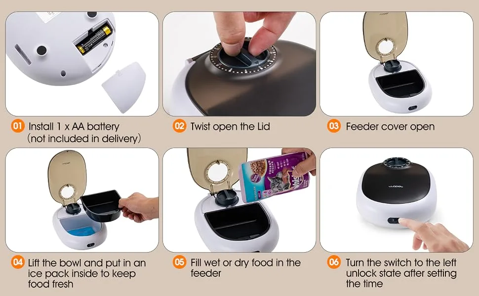WOPET Automatic Cat Feeder FT60,48-Hour Timer Cat Bowl with Ice Gel Pack Refrigeration Function,Perfect for Puppies and Kittens in Yogurt,Can,and Wet Food Feeding White - cat feeder