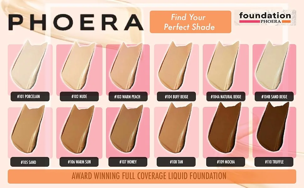 Glamza Phoera Full Coverage Foundation - Long-Lasting 24 Hour Oil Control - Even Foundation Smarter Packaging - With 8 x 30ml Foundation Sponges & Sponge - Teintes Phoera