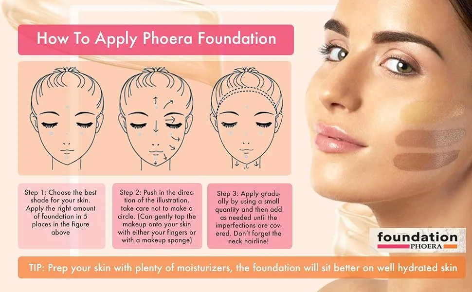 Glamza Phoera Full Coverage Foundation - 24 Hour Long Lasting Oil Control - Even Foundation Smarter Packaging - Includes 10 Sponges 30ml & 108 Light Brown - Instructions de fond de teint Phoera correctes
