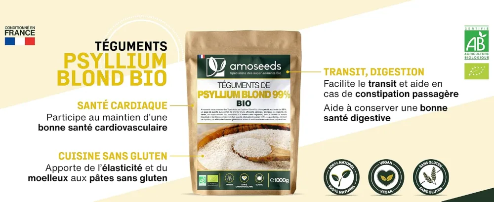 Organic Blond Psyllium 1kg | Pure Integuments 99% | 88% Fiber Transit Gluten Free | Superior Quality  - banner desktop psyllium