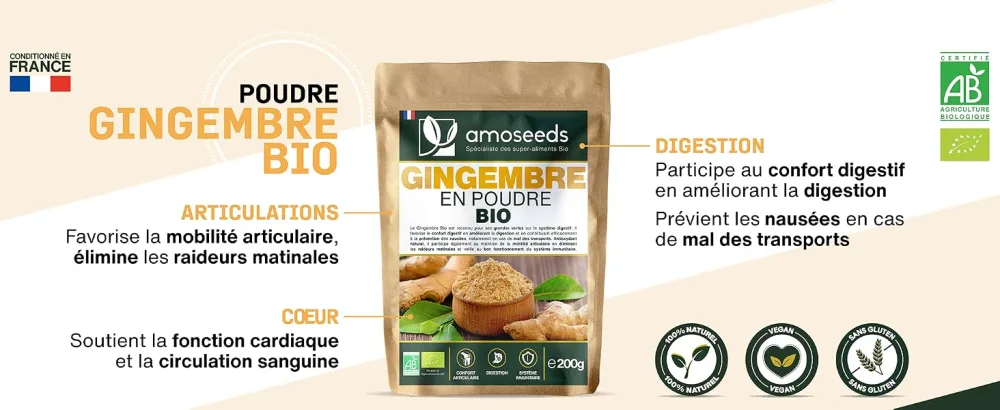 Organic Ginger Powder 200G | Antioxidant Joints Anti-Nausea | Lemon and Spicy Taste | Superior Quality - banner desktop gingembre