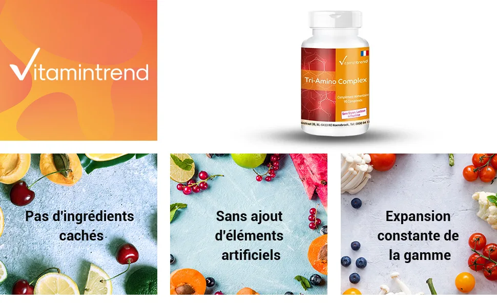 Tri Amino Complex - Amino Acid Complex with Arginine Ornithine and Lysine - Vegan - Magnesium Stearate Free - 90 Tablets | Vitamintrend  - product information 1
