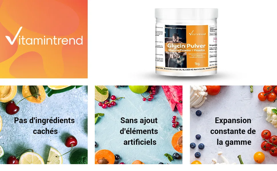 Pure Glycine Powder - 1kg No Additives Proteinogen Amino Acid - Highly Dosed - Supplements from Germany | Vitamintrend - product information 1