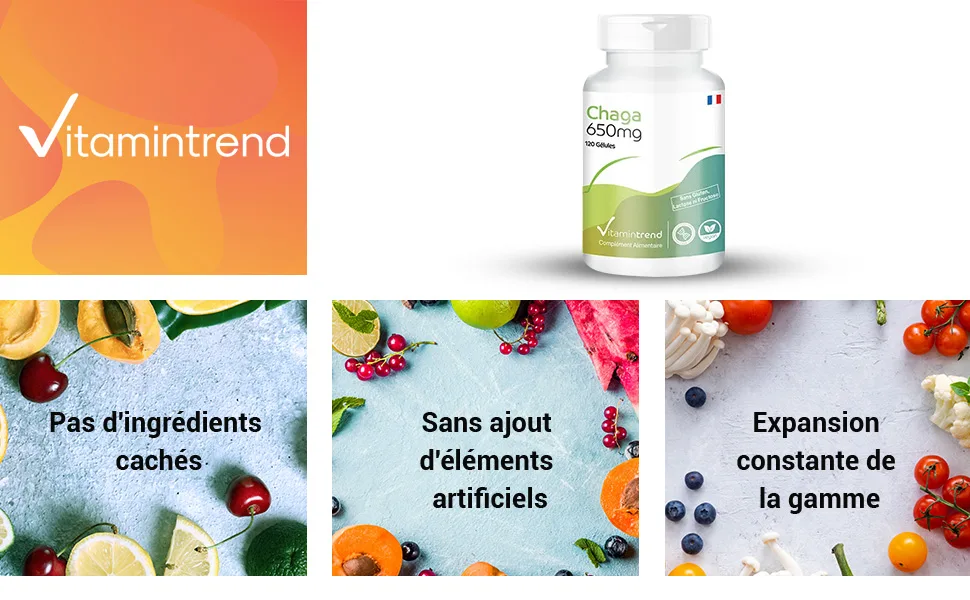 Chaga powder 650mg - 120 capsules functional mushroom vegan | Vitamintrend  - product information 1