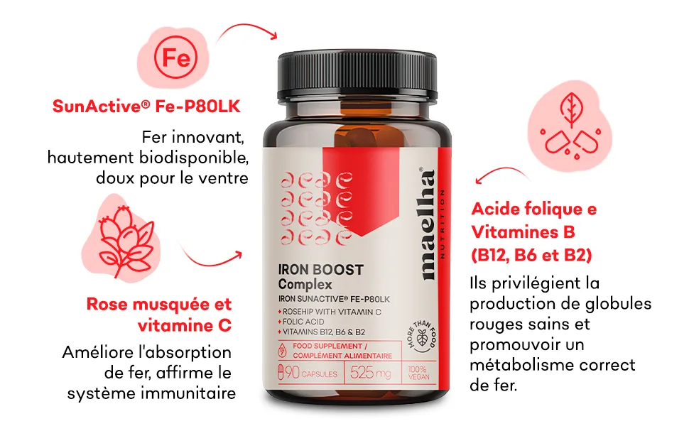 SunActive Iron Dietary Supplement Fe-P80LK Rosehip Complex with Vitamin C Folic Acid Vitamins B12 B6 and B2 90 Capsules - complément fer et vitamine c, fer et acide folique, fer et vitamine c