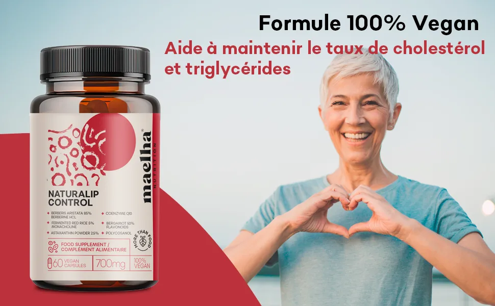Naturalip Control | Fermented Red Rice Supplement | Helps Maintain Normal Cholesterol and Triglyceride Levels | High Concentration | 60 Capsules | 100% Vegan - levure de riz rouge, anti cholestérol naturel, riz rouge cholesterol, cholestérol alimentation