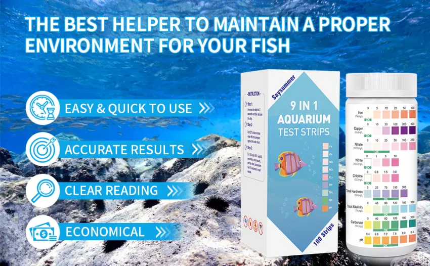 9 in 1 Aquarium Test Strips, 100 Strips Aquarium Test Kits for Freshwater Saltwater, Aquarium Water Test Kit, Pond Fish Tank Test Strips Testing Iron, Copper, Nitrite, Nitrate, pH, Carbonate and More - aquarium test strips