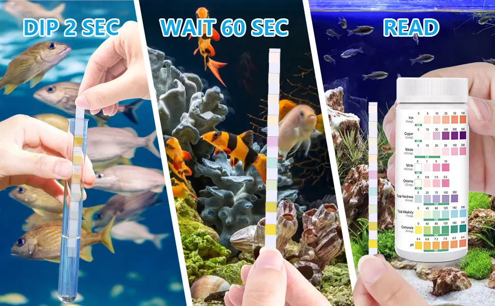 9 in 1 Aquarium Test Strips, 100 Strips Aquarium Test Kits for Freshwater Saltwater, Aquarium Water Test Kit, Pond Fish Tank Test Strips Testing Iron, Copper, Nitrite, Nitrate, pH, Carbonate and More - aquarium water test kit