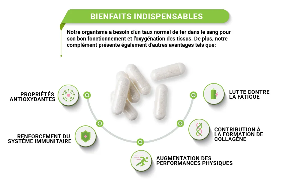 Iron and Vitamin C * 90 vegetable capsules * Energy + Immune system + Hemoglobin formation + Memory + Bioavailability - DP19 +1 FR