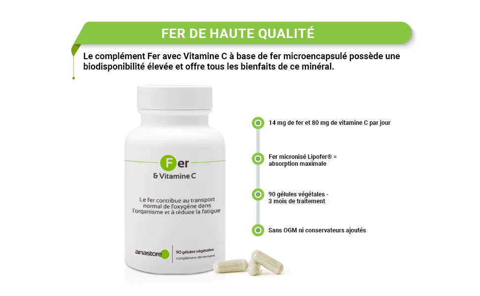 Iron and Vitamin C * 90 vegetable capsules * Energy + Immune system + Hemoglobin formation + Memory + Bioavailability - DP19 2+ FR