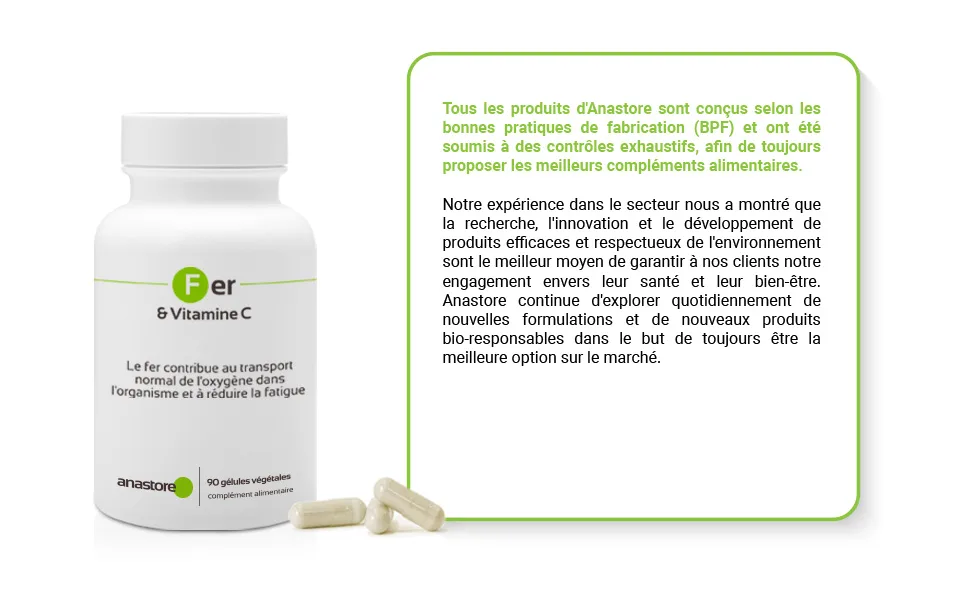 Iron and Vitamin C * 90 vegetable capsules * Energy + Immune system + Hemoglobin formation + Memory + Bioavailability - DP19 3+ FR
