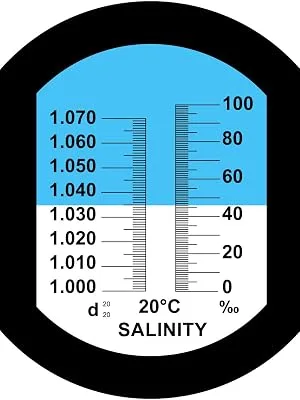 Salinity Refractometer for Aquarium, Marine Monitoring, Saltwater Testing, Dual Scale Salinity Tester 0-100 PPT& 1.000-1.070 Specific Gravity Saline Seawater Refractometer Hydrometer with ATC - Dual scale salinity refractometer