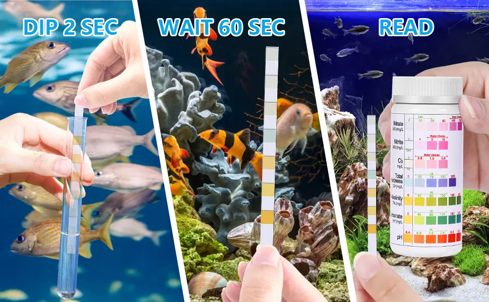 7-Way Aquarium Test Strips, 150 Strips Aquarium Testing Kit for Freshwater Saltwater, Fish Tank Pond Test Strips Testing pH, Alkalinity, Nitrite, Nitrate, Chlorine, Carbonate, Hardness 7 in 1 - 100 Strips - 3 steps
