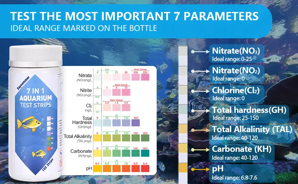 7-Way Aquarium Test Strips, 150 Strips Aquarium Testing Kit for Freshwater Saltwater, Fish Tank Pond Test Strips Testing pH, Alkalinity, Nitrite, Nitrate, Chlorine, Carbonate, Hardness 7 in 1 - 100 Strips - 7 parameters