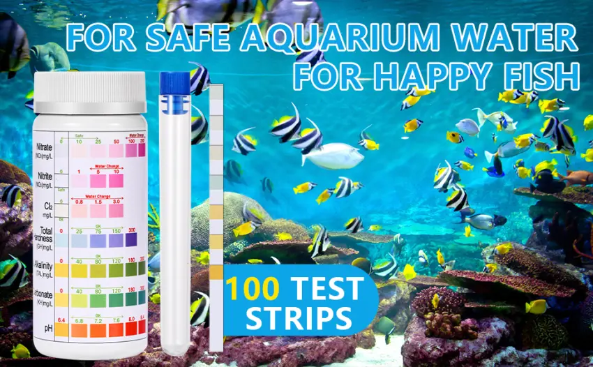 7-Way Aquarium Test Strips, 150 Strips Aquarium Testing Kit for Freshwater Saltwater, Fish Tank Pond Test Strips Testing pH, Alkalinity, Nitrite, Nitrate, Chlorine, Carbonate, Hardness 7 in 1 - 100 Strips - for happy fish