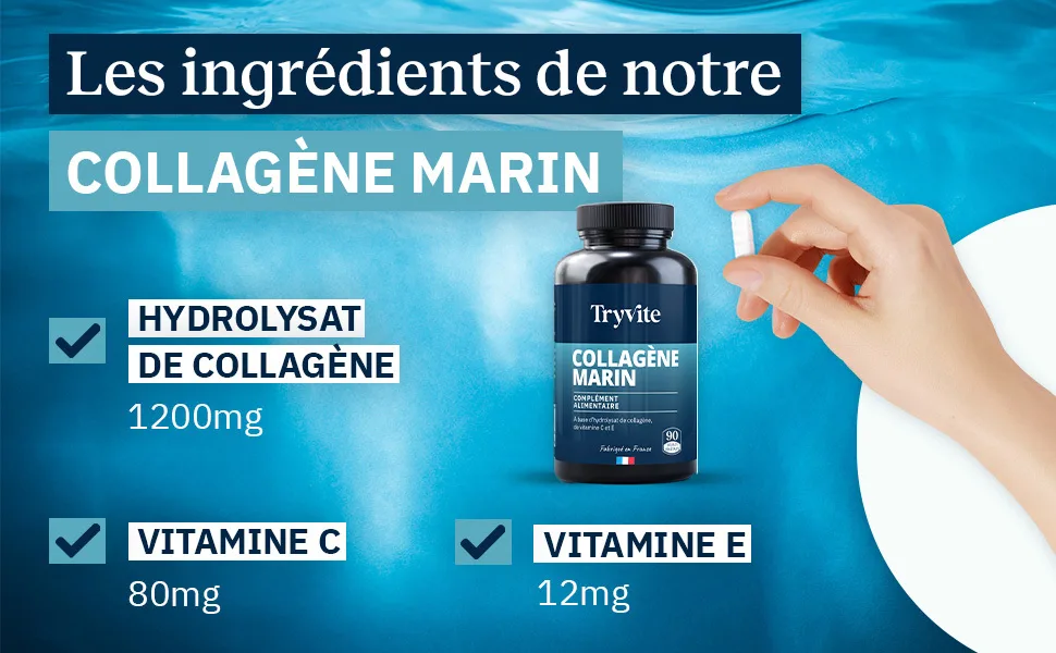 Type 1 & 2 Premium Marine Collagen with Vitamins C & E | 1200 mg Hydrolyzate for Skin Hair & Joints | High Absorption | 90 Capsules | TRYVITE - collagene marin , hydrolysé , acide hyaluronique , beauté cheuveux , tryvite collagene