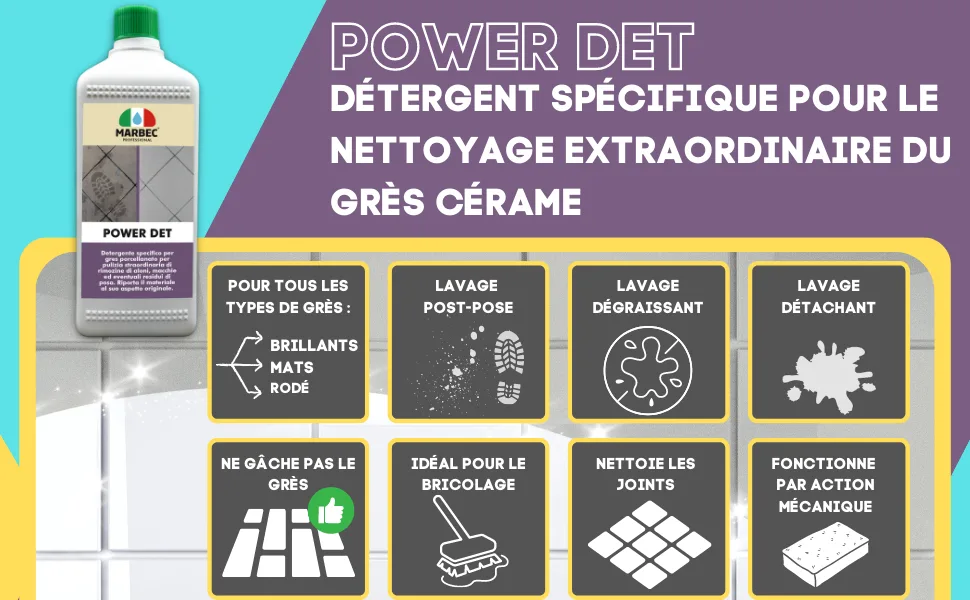 MARBEC POWER DET 5LT Porcelain stoneware detergent for extraordinary cleaning to remove halos stains and possible installation residue. - Marbec power det gres cerame nettoyage extraordinarie