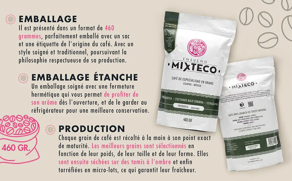 Ensue o Mixteco Specialty Coffee Beans | 100% Arabica Medium Body and Artisanal Production | 460 grams Mexican Origin - CHIAPAS Grains de café, 100% Arabica, ENSUEÑO MIXTECO