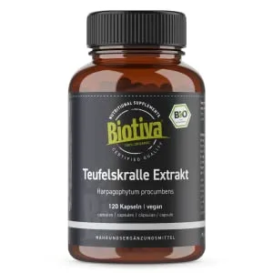Organic Harpagophyton Extract 120 Capsules - 2.7% Harpagoside Highly Dosed - Harpagophytum Procumbens - Devil's Claw - Organic Extract - Packaged and Controlled in Germany Biotiva - griffe du diable extrait