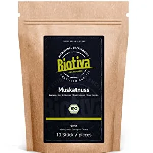 Biotiva Nutmeg 10-12 walnuts 70 g - Whole nutmeg - Hand-picked packaged and controlled in Germany (DE- KO-005) - noix de muscade