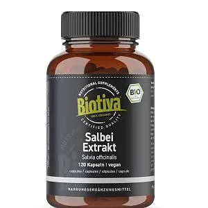 Organic Sage Extract 120 Capsules - Salvia - 400mg - Vegan - No Separating Agents - Packaged and Controlled in Germany - Biotiva - extrait de sauge