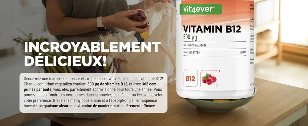 Vitamin B12 Vegan - 365 sucking tablets with raspberry taste - Premium: Methylcobalamin active - High dosed - Vit4ever