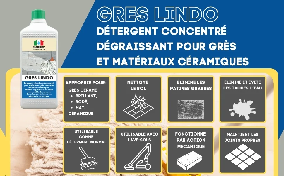 MARBEC GRES LINDO 1LT Detergent for cleaning porcelain stoneware degreases and does not contaminate the surface with greasy surfactants and rinsing agents. - MARBEC | GRES LINDO Détergent concentré dégraissant pour surfaces en grès et matériaux céramiques