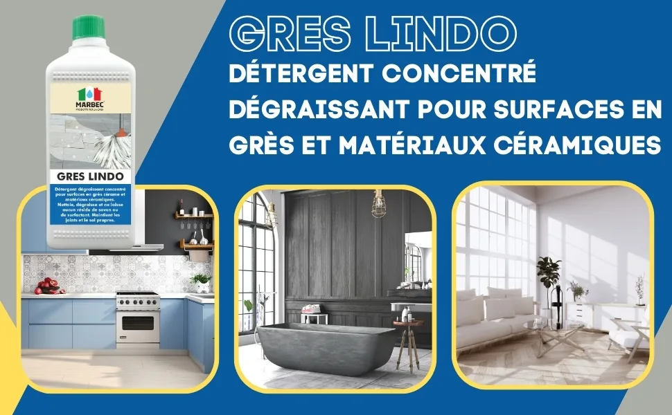 Marbec LINDO 1LT GRES + MELAMINE PAD Detergent for cleaning porcelain stoneware degreases and does not contaminate the surface with greasy surfactants and rinsing agents. - MARBEC | GRES LINDO Détergent concentré dégraissant pour surfaces en grès et matériaux céramiques