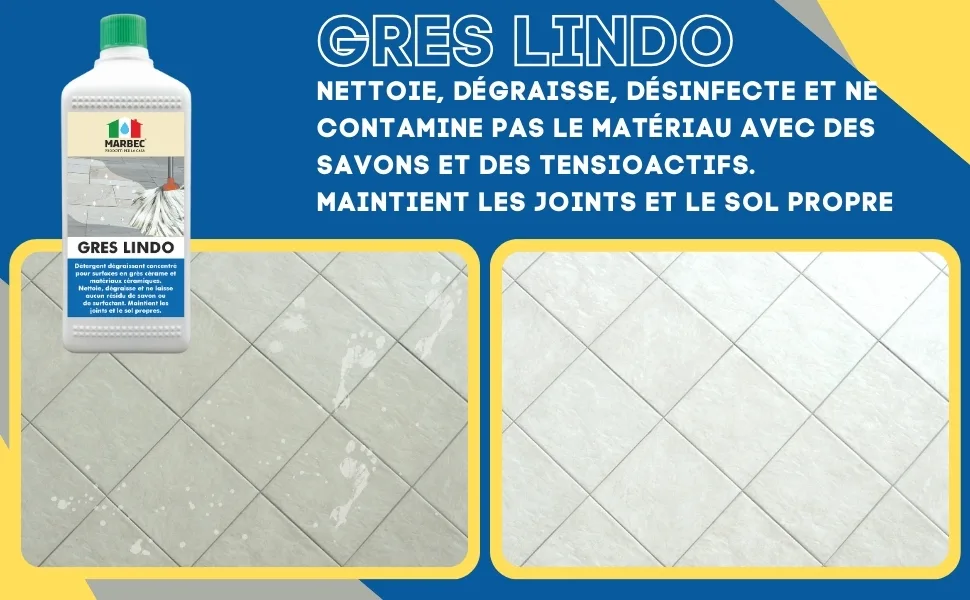 Marbec LINDO 1LT GRES + MELAMINE PAD Detergent for cleaning porcelain stoneware degreases and does not contaminate the surface with greasy surfactants and rinsing agents. - MARBEC | GRES LINDO Détergent concentré dégraissant pour surfaces en grès et matériaux céramiques